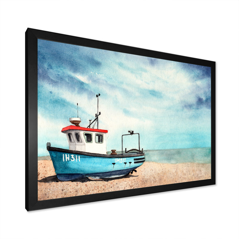 An Old Blue Boat on a Sandy Beach with Blue Skies - peinture sur toile, H 24 po x l 32 po x P 1 po, Cadre noir