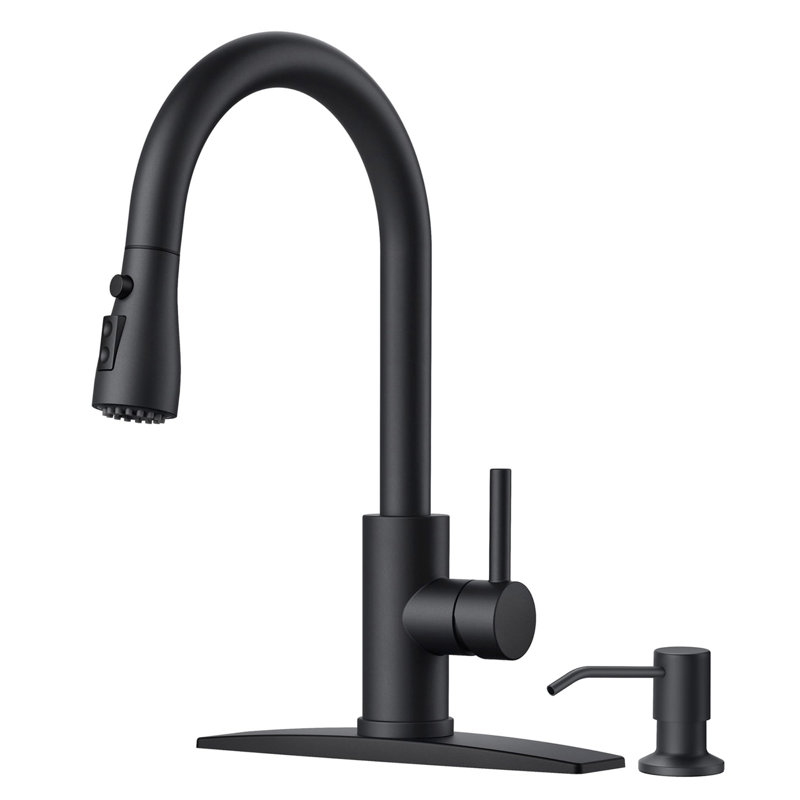 Black Kitchen Faucet with Soap Dispenser and Pull Down Sprayer