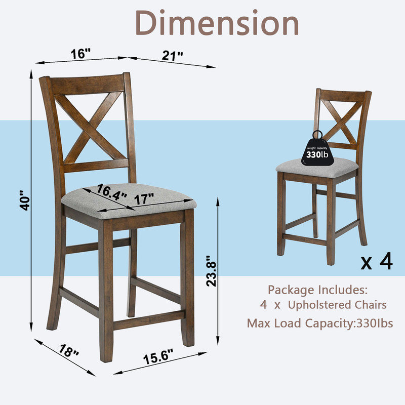Solid Wood Counter Height Dining Chairs Set of 4 Upholstered Padded Seats with Ergonomic Backrest, Brown