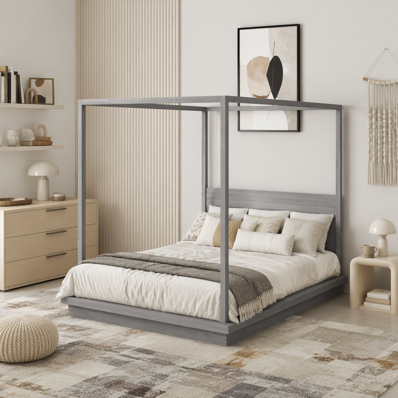 Lit plateforme à baldaquin en bois avec tête de lit, Gris, Très grand lit