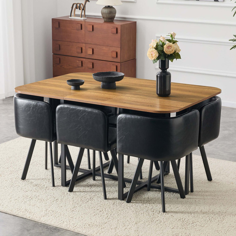 Ensemble de salle à manger 7 pièces rectangulaire avec table en mélamine résistante aux égratignures et six chaises rembourrées confortables pour un usage quotidien.