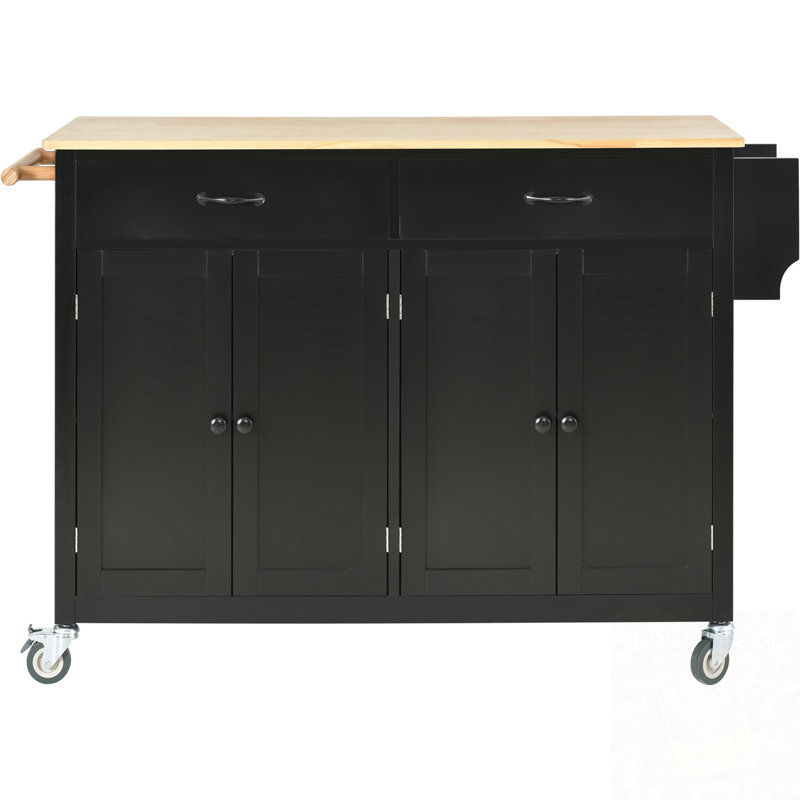 Kitchen Island With 4 Door Cabinet, Two Drawers And Locking Wheels, Black