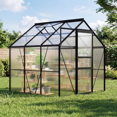 6x6FT Walk-in Polycarbonate Greenhouse Kit with Sliding Door, Adjustable Roof Vent, Rain Gutter System, Aluminum Frame