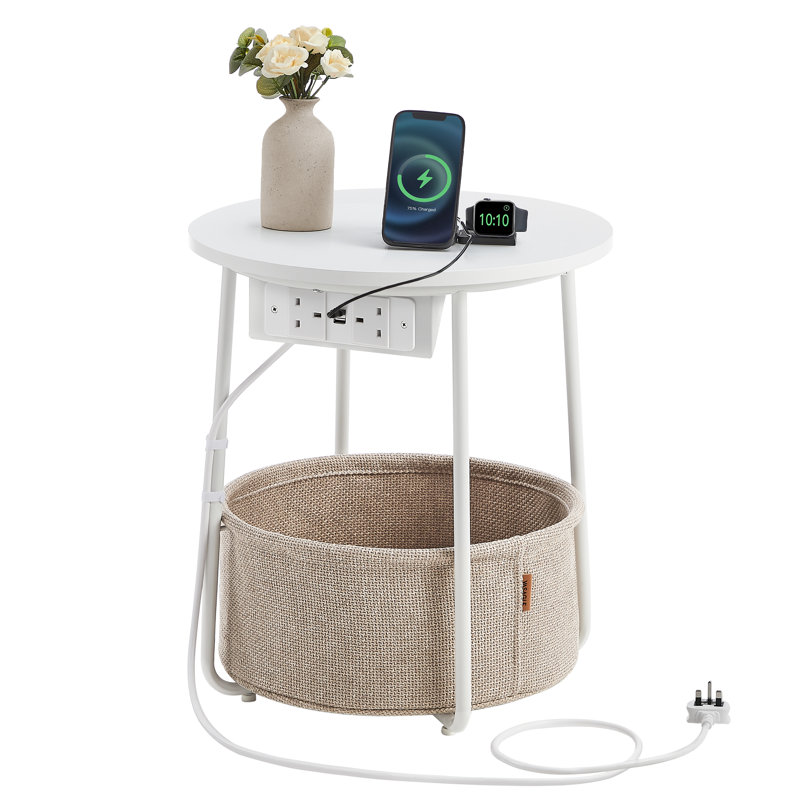 Nychelle Cross Legs End Table with Built-In Outlets, White