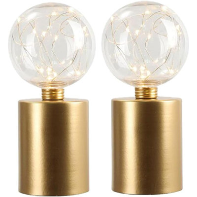 Set of Two 8" Gold Battery Operated Round Bedside Lamps With Globe Shades