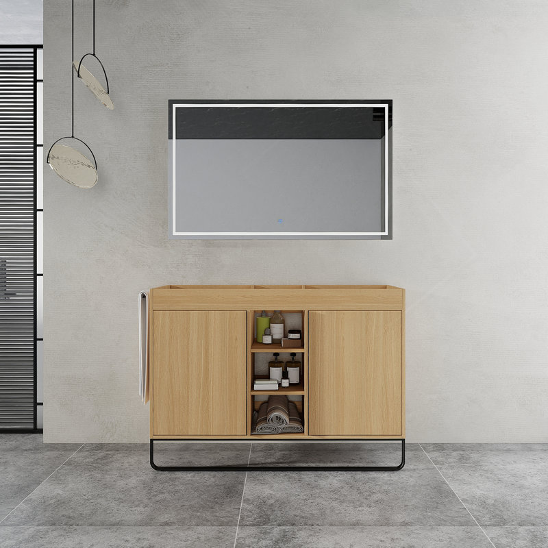 Armoire de salle de bain autoportante avec porte à fermeture douce et tablette de rangement ouverte