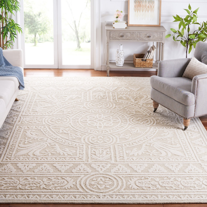 Ferrera Floral Handmade Tufted Wool Light Gray/Ivory Area Rug, Rectangle 8' x 10'