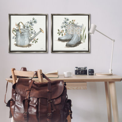 Floral Watering Can Gardening Boots  2 PC Framed Floater Canvas Set by Leslie Trimbach