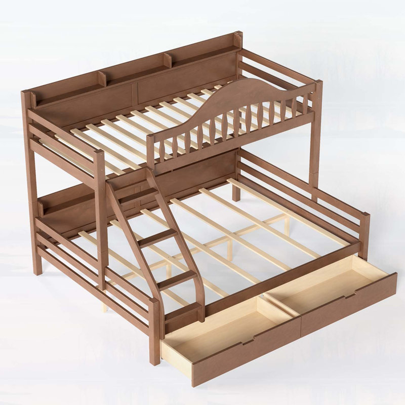 Lit superposé simple au-dessus de grand lit simple avec rangement, garde-corps courbés et tablettes latérales, structure en bois massif, aucun sommier requis, naturel profond