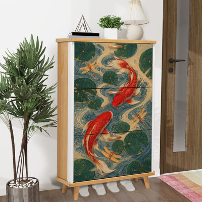 Shoe Storage Cabinet with 3 Flip Drawers for Vibrant Red Koi Fish Swimming Among Lily Pads Dragonflies Shoe Rack Storage Organizer