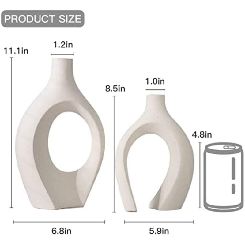 Snuggle Hollow Ceramic Vase Set Of 2, Boho Ins Style Round Nordic Mid Century Modern Aesthetic Decorative Vase For Home Decor (Cream W 6.8" X H 11")