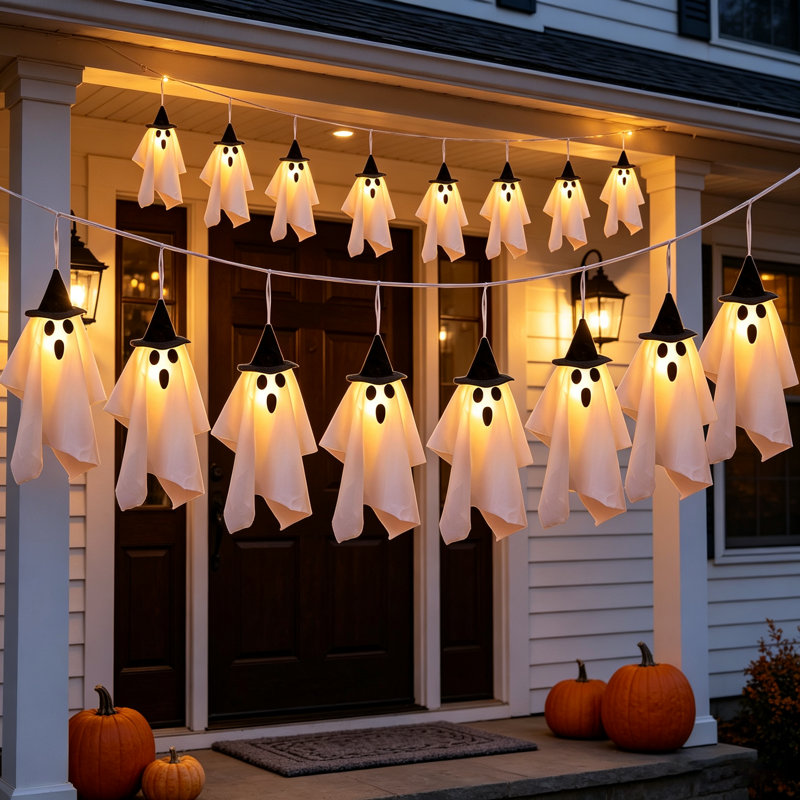 Lot de 2 guirlandes lumineuses fantômes de 2,74 m (9 pi) avec chapeaux de sorcière pour l'Halloween, à utiliser à l'intérieur comme à l'extérieur (porche, jardin, etc.).