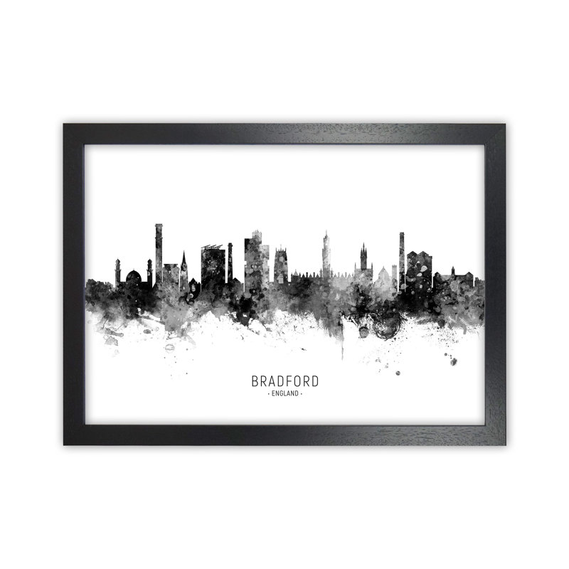 Bradford England Skyline Black White City Name by Michael Tompsett - Print, 34cm H x 46cm W x 3cm D, Black Framed