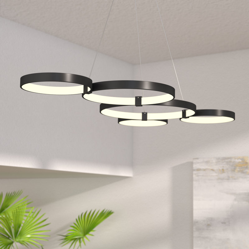 Capella 5-Light Geometric Ring Pendant 50" Integrated LED ETL Certified Adjustable Chandelier, Black