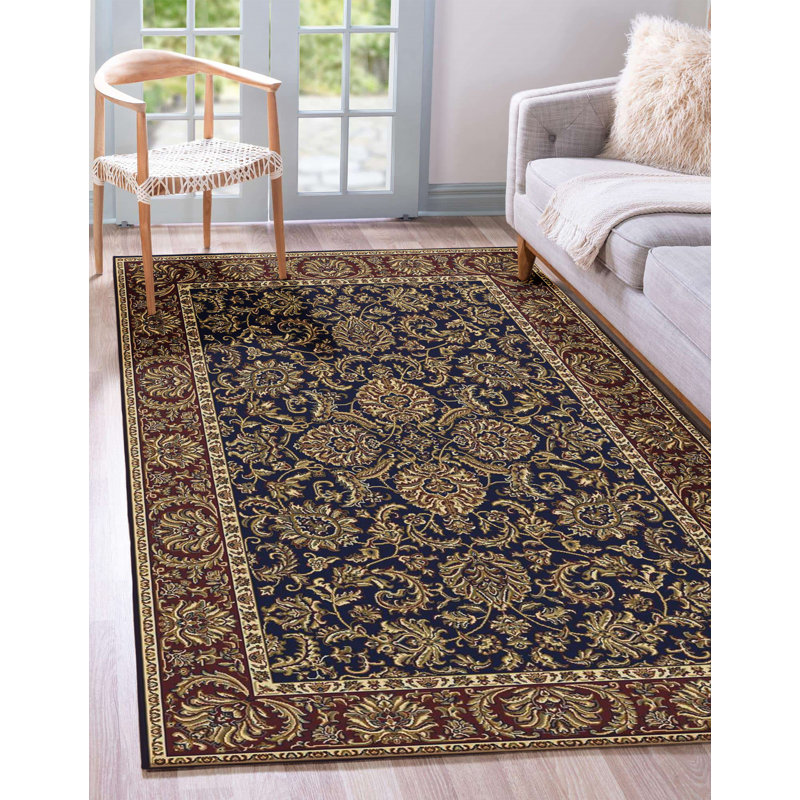 Traditional Oriental Floral Navy Blue Area Rug , Rectangle 7'9" x 9'6"