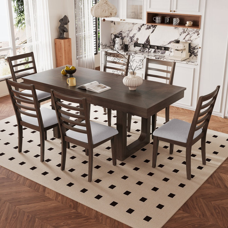 Ensemble de table de salle à manger extensible avec 6 chaises rembourrées, de style campagnard, à longueur réglable pour une utilisation polyvalente et confortable