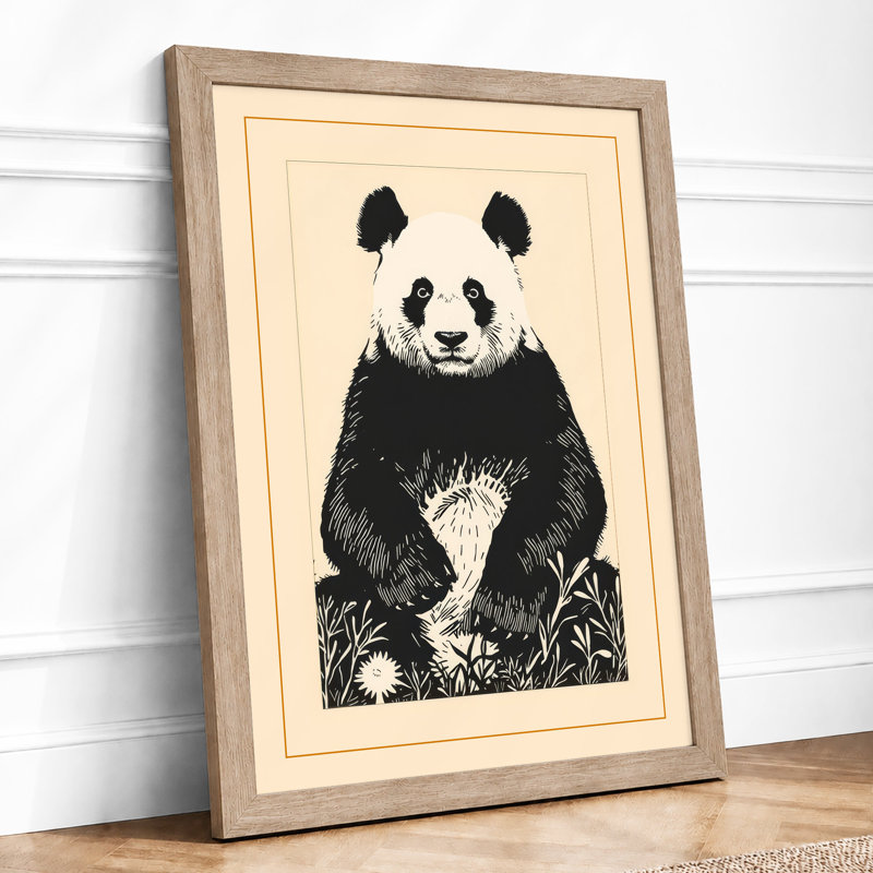 Panda Frontispiece Japandi - Framed Print, Oak, A3 - 42.0 x 29.7 cm