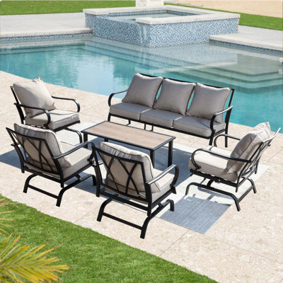7-Person Patio Conversation Set With Cushions - 3-Seat Sofa, 4 Rocking Chairs & Coffee Table, All-Weather Metal Conversation Set For Backyard, Garden, Balcony