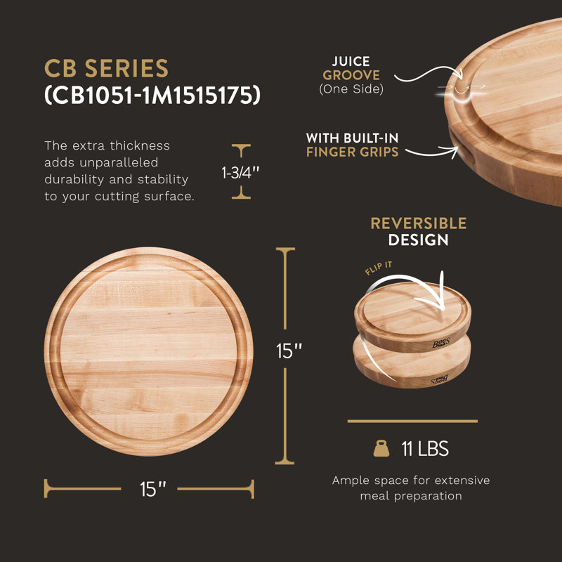 Maple Wood Round Cutting Board with Juice Groove, 15" Diameter