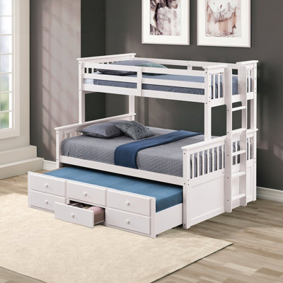 White Twin Over Full Bunk Bed With Transitional Design Flair, Side And 3 Underbed Drawers, Solid Engineered Wood Structure, Joint Solution, Trundle For Bedroom Space Planning, Quick Setup Procedure