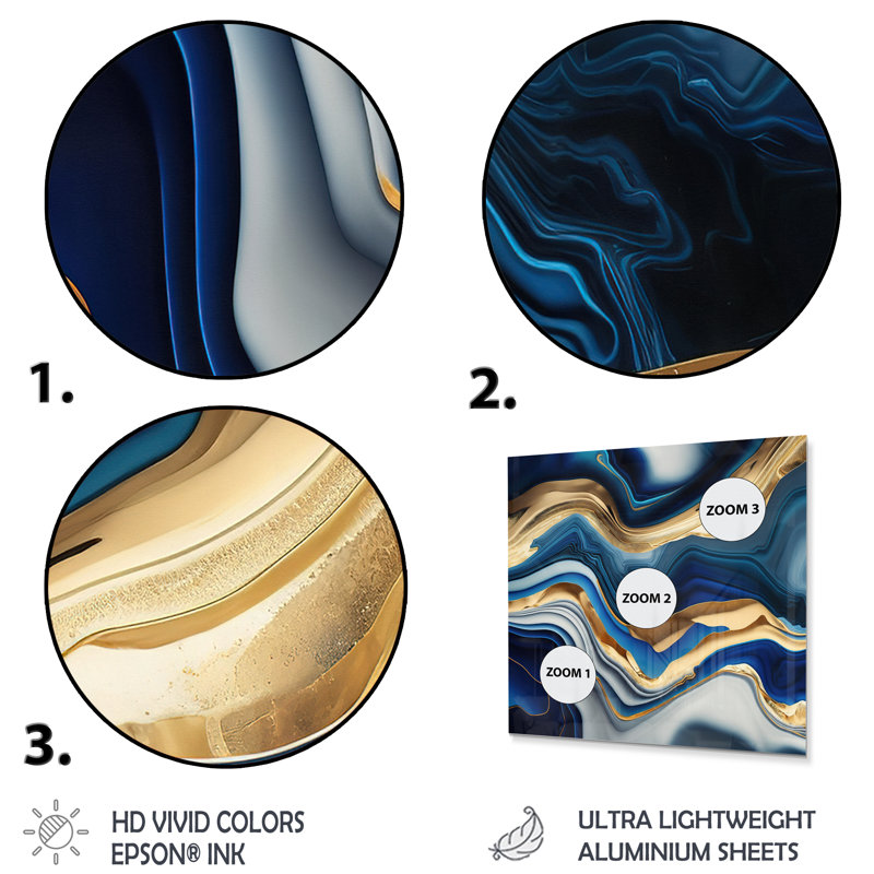 Décoration murale moderne en métal bleu vif et agate dorée II, H 36 po x l 36 po x P 1 po