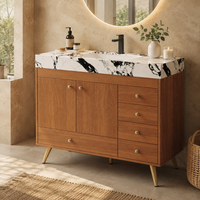 Meuble-lavabo autoportant de 91 cm (36 po) avec comptoir en pierre frittée, lavabo en céramique, 5 tiroirs et armoire à double porte