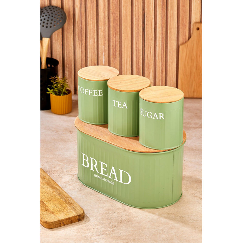 Ensemble de boîte de rangement durable en métal 4 pièces, vert | Comprend 1 boîte à pain (11,8 x 7,5 x 5,9 pouces) et 3 petites boîtes (3,9 x 4,3 x 3,9 pouces) avec couvercles en bois | Parfait pour l'organisation de la cuisine, le design élégant et fonctionnel