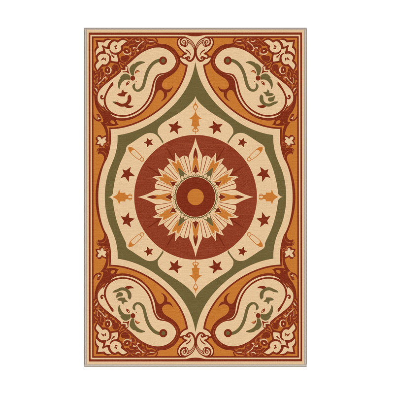 Machine Washable Pavle Bohemian Block Print Rug in Brown – Beige Binding, 2 x 4