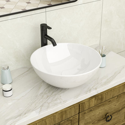 16" W x 16" D Circular Vessel Sink White Ceramic Bathroom Sink Above Counter Art Basin Sinks