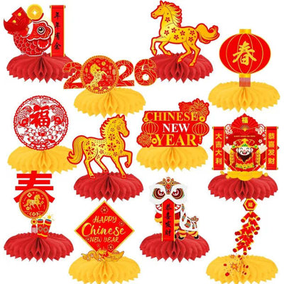 2026 Chinese New Year Honeycomb Centerpieces 12pcs Lunar New Year Spring Festival Party Table Centerpieces for Chinese New Year Party Table Decorations Year of The Horse Party Supplies