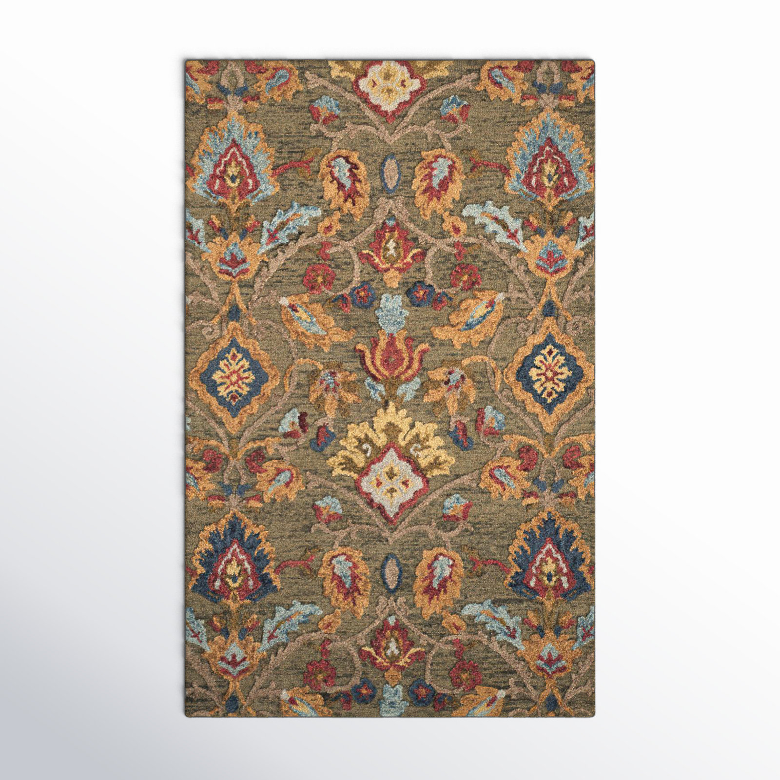 Tansy Handmade Wool Green / Multi Rug, Rectangle 5' x 8'