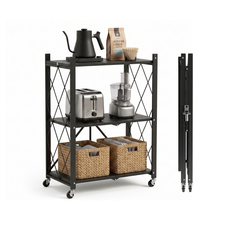 Étagère de rangement pliable de 28 po de largeur avec roulettes verrouillables, étagère à 3 niveaux pour le garage et la cuisine, noir