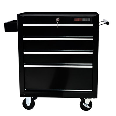 4 Drawer Heavy Duty Rolling Tool Cart With Lock - Industrial Garage Storage Solution In Black Lockable Chest On Wheels Repair Shop