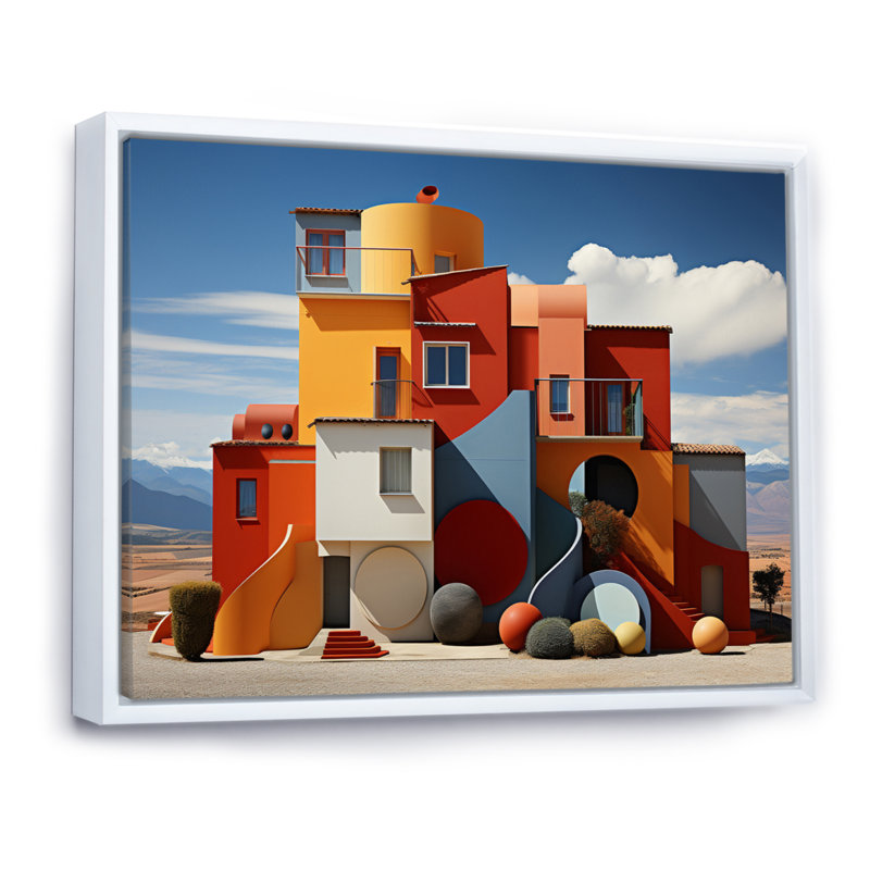 " Landscape Colourful Geometry Building I ", H 24 po x l 32 po, Cadre flottant blanc
