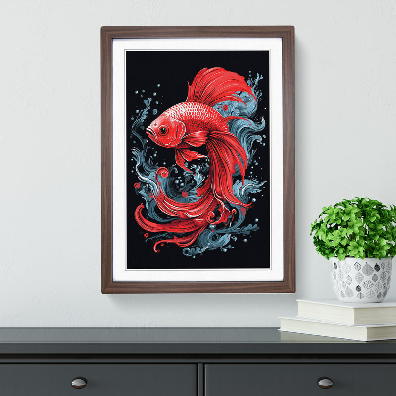 Siamese Fighting Fish Line - Framed Print, Walnut , 34cm H x 25cm W x 2cm D