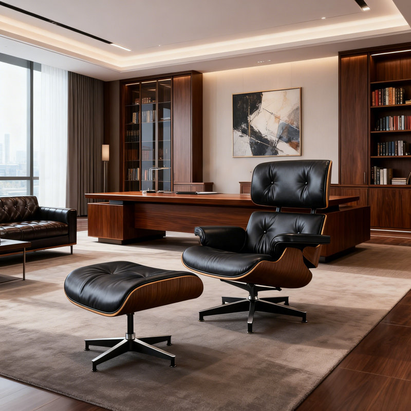 Premium Genuine Leather Lounge Chair With Solid Wood Frame, Steel Legs, Reclining Feature, And Footrest, Black/Brown