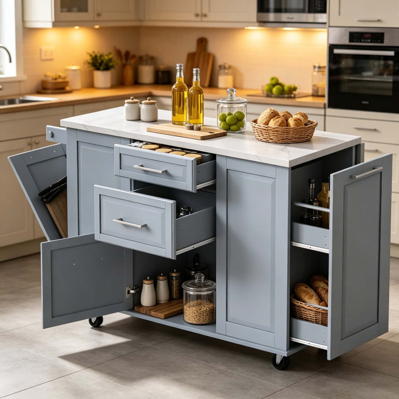 Rolling Kitchen Island Cart with Drop Leaf Countertop, Hidden Trash Compartment & Pull-Out Storage Organizer, Grey+Blue