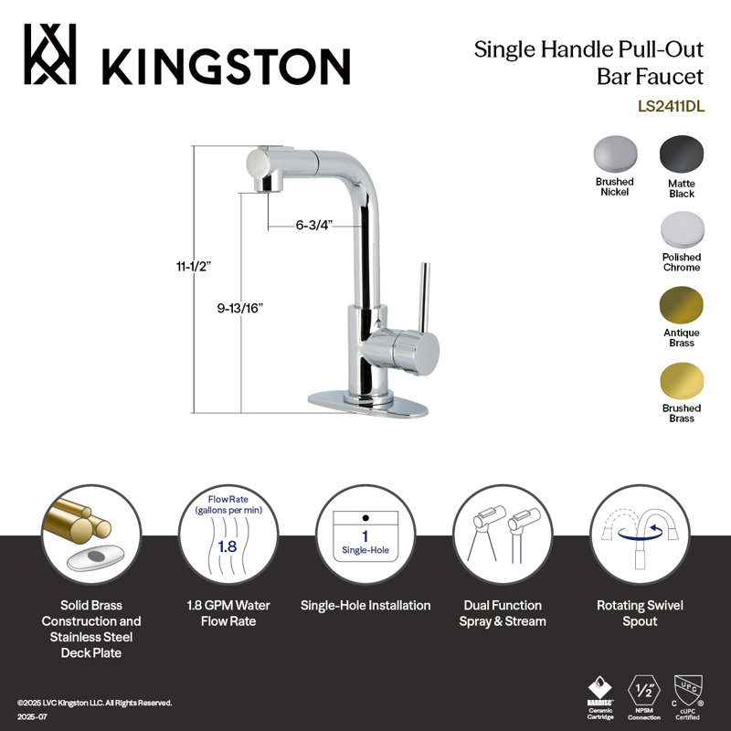 Kingston Concord Single-Handle 1-Hole Deck Mount Pull-Out Sprayer Bar Faucet, Antique Brass