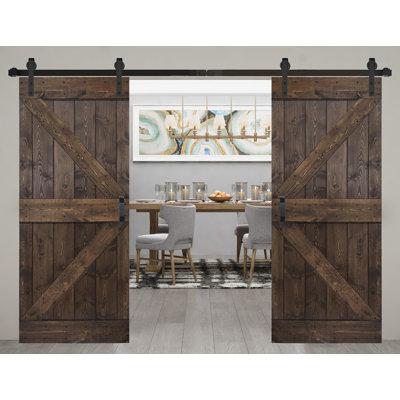 Porte de grange coulissante double en bois massif de style K avec ensemble de quincaillerie - Assemblage requis