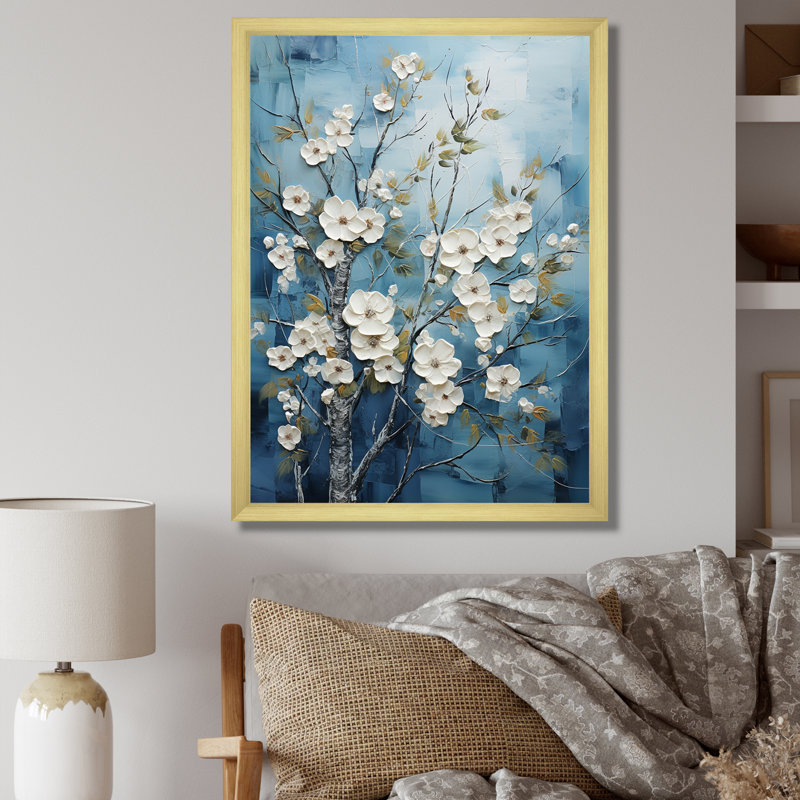 Blanc et bleu fleurs d'hiver - art mural forêt, Cadre photo doré, H 20 po x l 12 po x P 1 po