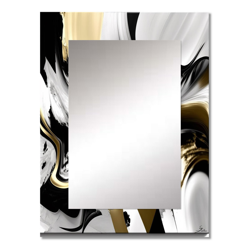 Golden Wave Reflections II - grand miroir mural abstrait, miroir décoratif noir, impression d'art en métal, 32 po x 24 po
