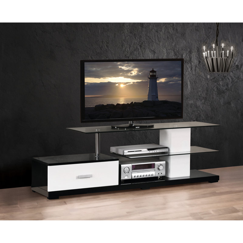 Meuble télé rectangulaire blanc et noir avec 1 tiroir et 2 tablettes ouvertes pour téléviseur à écran plat de 60 po