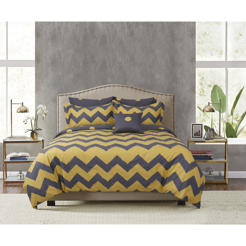 Ensemble de housse de couette réversible 100% coton jaune / gris 4 pièces, Housse de couette très grand + 3 pièces supplém