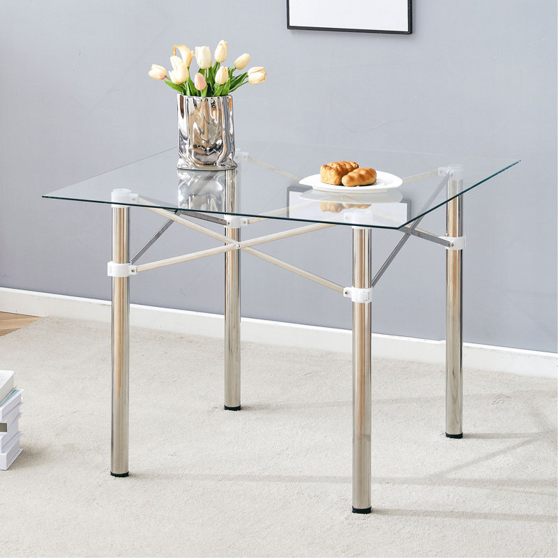 Élégante table carrée en verre extensible - Verre trempé transparent de 36 po, pieds en métal argenté. Pieds en métal télescopiques, plateau de table carré en verre transparent, raccord pour ventouse.