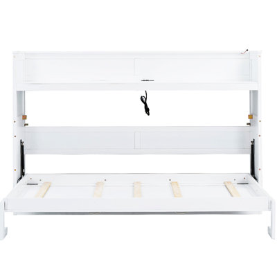 White Twin Xl Bed With Desk, Led & Charging Station. Solid Pine Wood And Frame For A Versatile Home Office Or Guest Room Lights, . White. Crafted Using