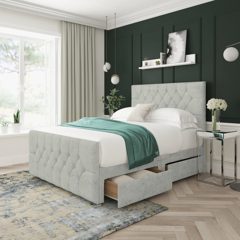 Upholstered Bed, Super King (6'), Silver, Left Side Drawers