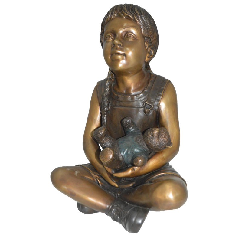 Statue Jelks fille assise avec ours en bronze - Taille: L 13 po x l 12 po x H 15 po.
