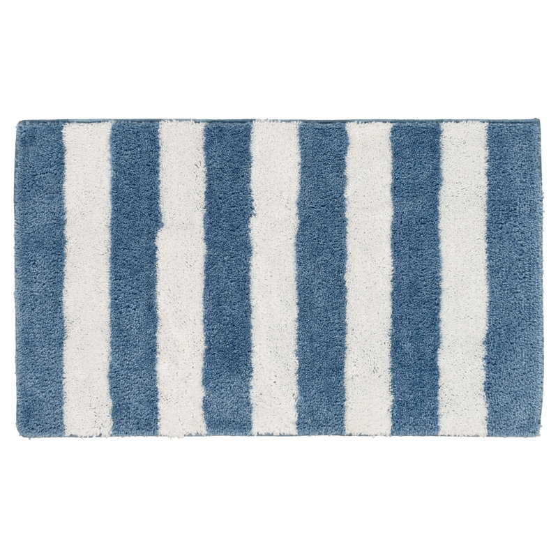 Ronning Beach Stripe Nylon and Polyester Bath Rug with Non-Slip Backing, Basin Blue/White