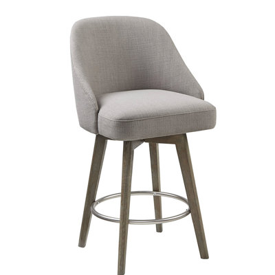 Counter Stool, Solid Wood & Metal, Swivel Function, Grey, Assembly Kit Included, 25.75" Seat Height Stool With Swivel, Legs, Grey Seat, Metal Ring Footrest, Required,