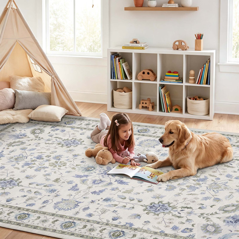 Tapis floral rétro vieilli, Rice green, 9 x 12 pi